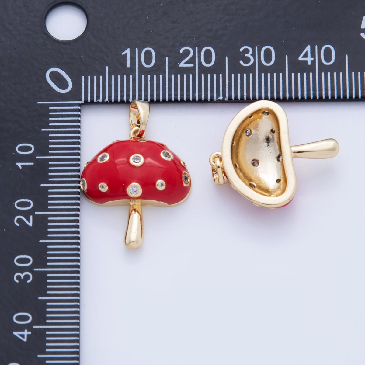 18K Gold Filled Clear CZ Red Enamel Mushroom Pendant | AH735 - DLUXCA