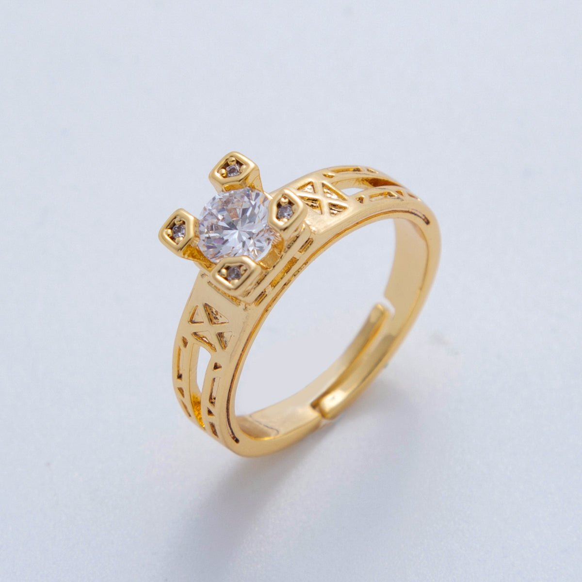 18K Gold Filled Clear CZ Solitaire Geometric Band Ring | O2030 - DLUXCA