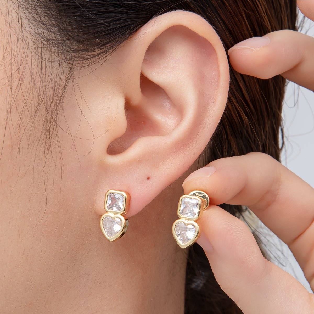 18K Gold Filled Clear CZ Square Heart Bezel Drop Studs Earrings in Gold & Silver | AD1561 AD1562 - DLUXCA