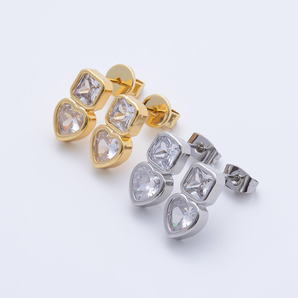 18K Gold Filled Clear CZ Square Heart Bezel Drop Studs Earrings in Gold & Silver | AD1561 AD1562 - DLUXCA