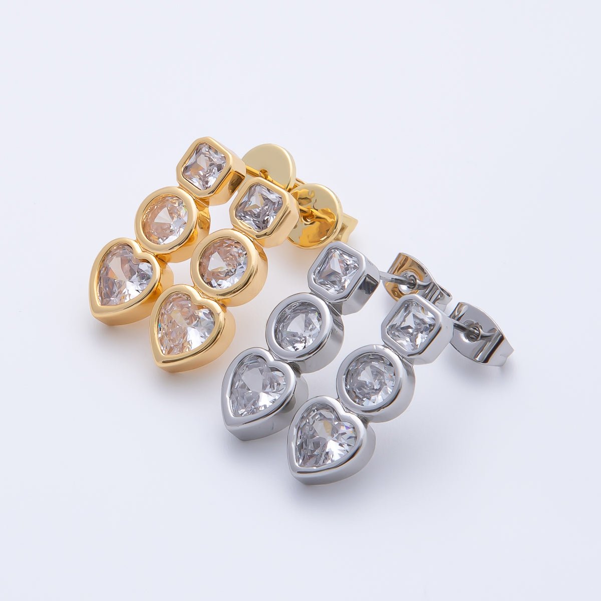 18K Gold Filled Clear CZ Square Round Heart Bezel Drop Studs Earrings in Gold & Silver | AJ283 AJ284 - DLUXCA