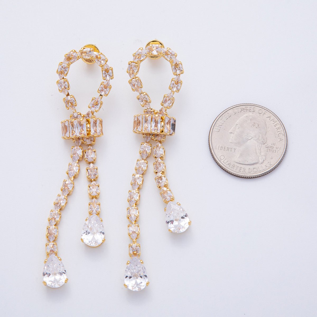 18K Gold Filled Clear CZ Teardrop Baguette Knot Drop Stud Earrings | T067 - DLUXCA