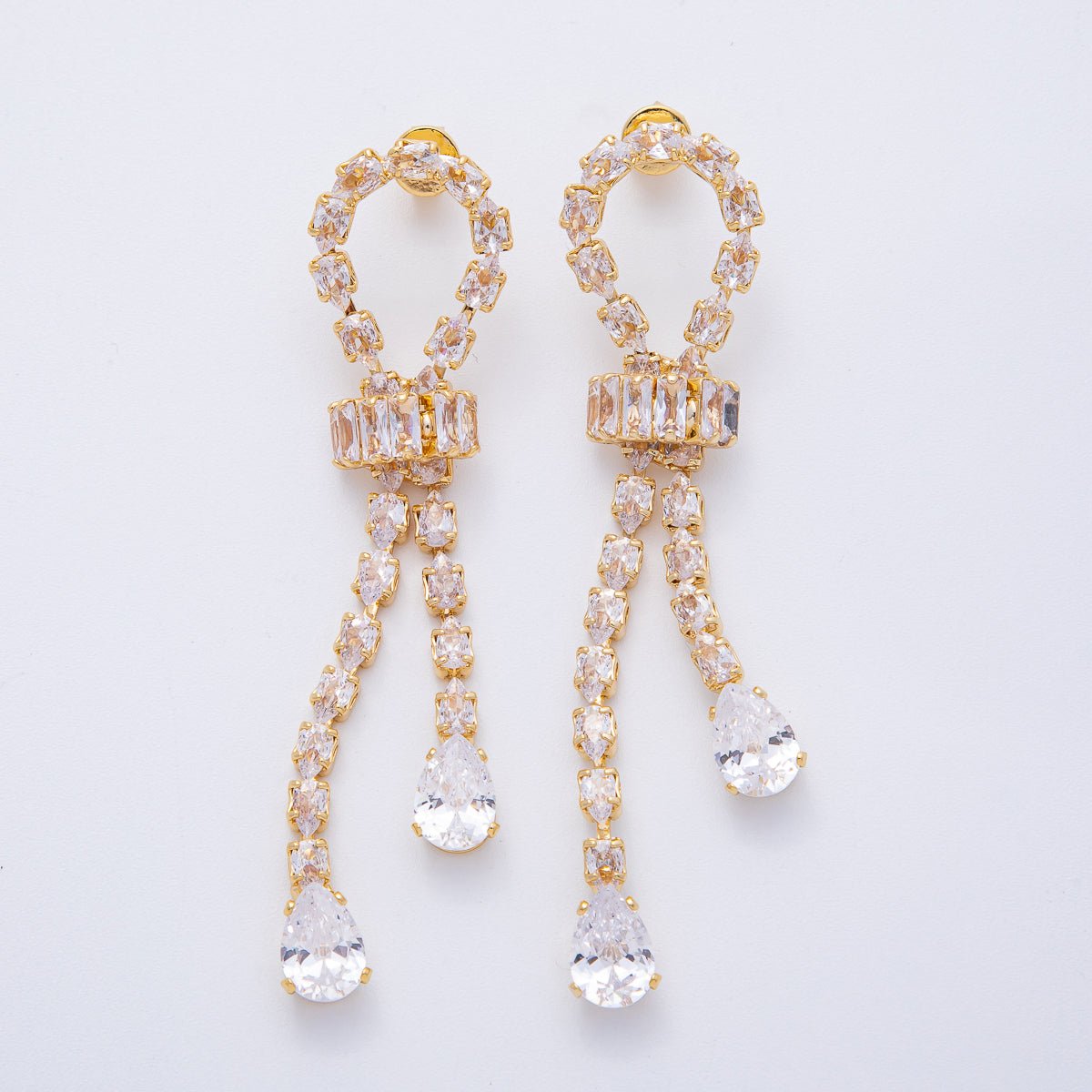 18K Gold Filled Clear CZ Teardrop Baguette Knot Drop Stud Earrings | T067 - DLUXCA