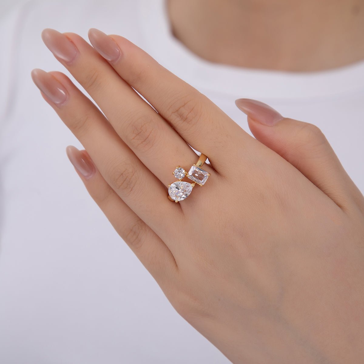 18K Gold Filled Clear CZ Teardrop Round Baguette Solitaire Ring | O1783 - DLUXCA