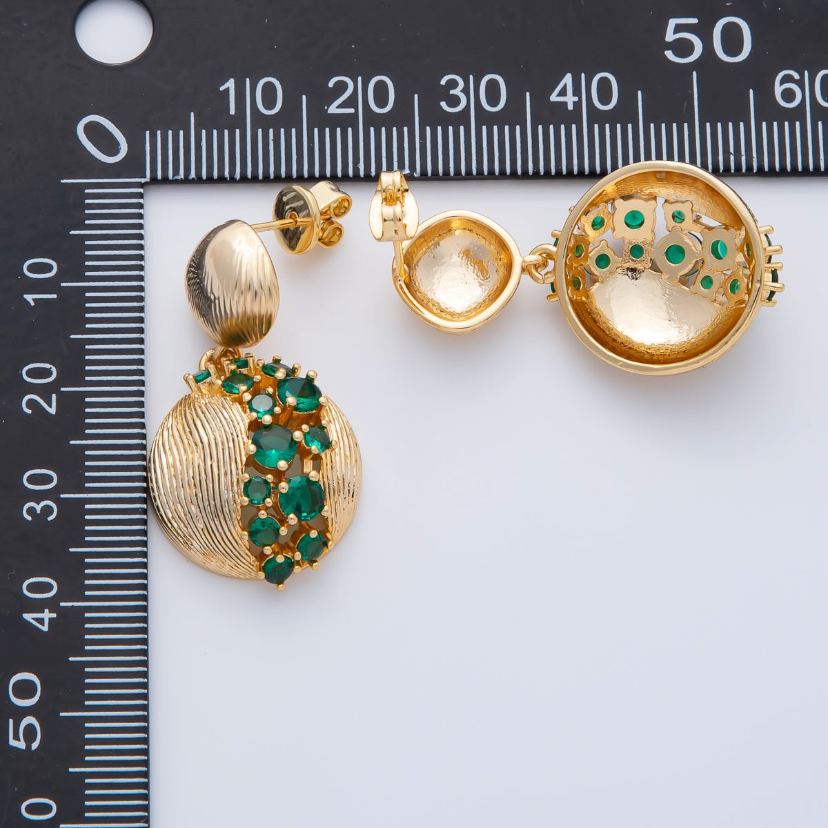 18K Gold Filled Clear, Green, Red Cluster CZ Line - Textured Round Drop Stud Earrings | AD1592 ~ AD1594 - DLUXCA