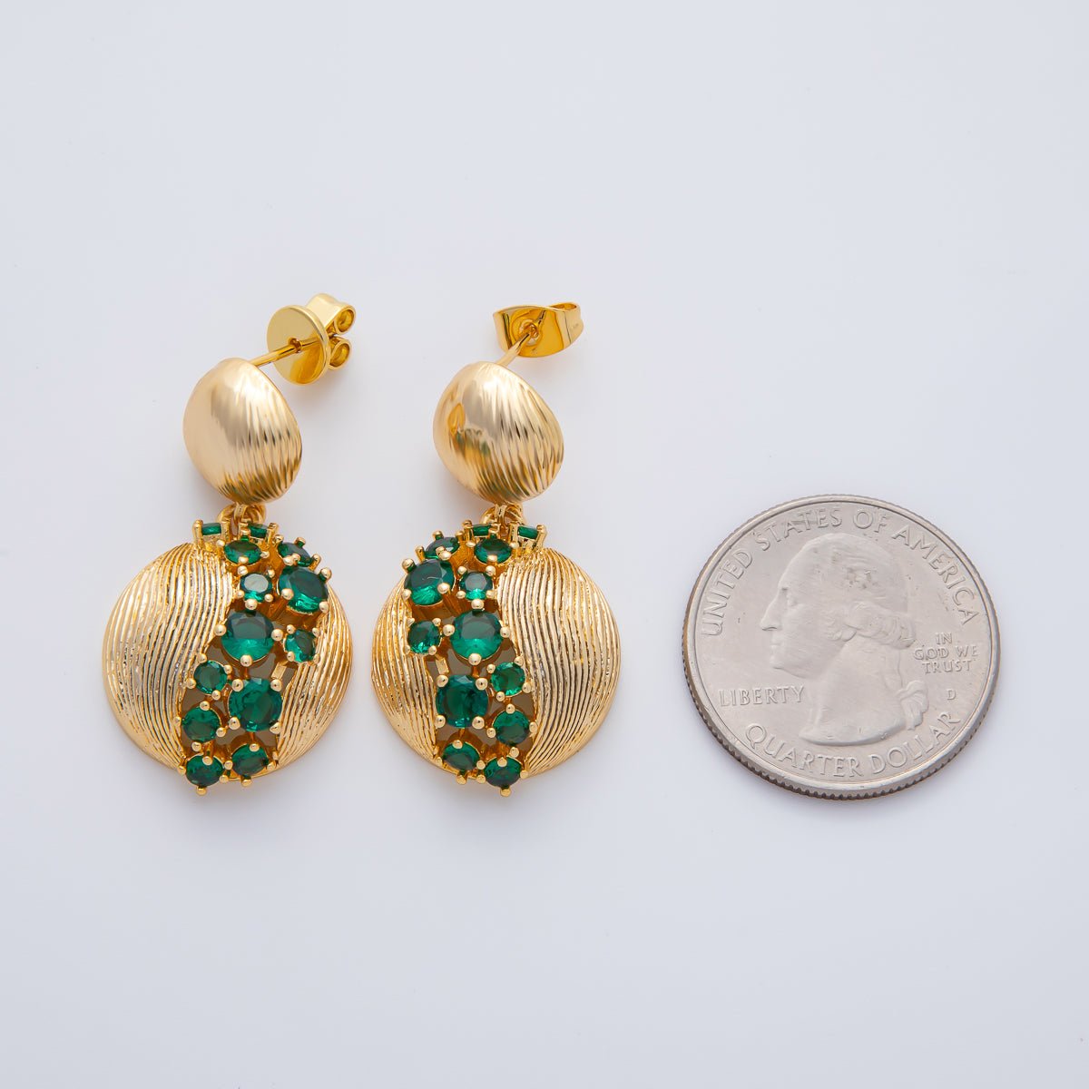 18K Gold Filled Clear, Green, Red Cluster CZ Line - Textured Round Drop Stud Earrings | AD1592 ~ AD1594 - DLUXCA