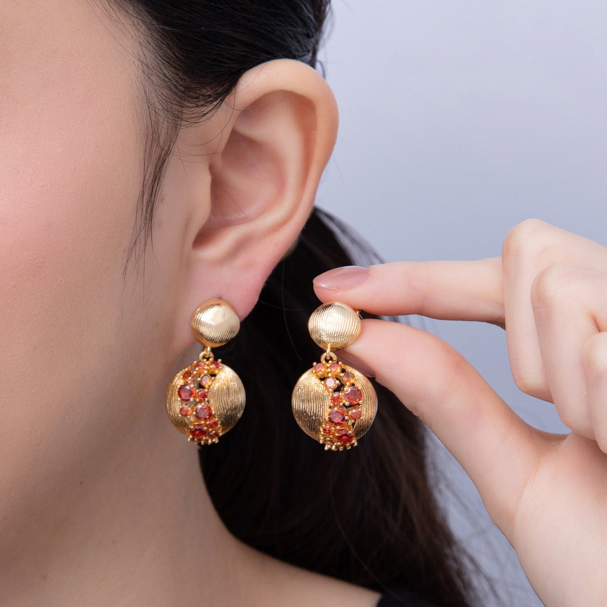 18K Gold Filled Clear, Green, Red Cluster CZ Line - Textured Round Drop Stud Earrings | AD1592 ~ AD1594 - DLUXCA