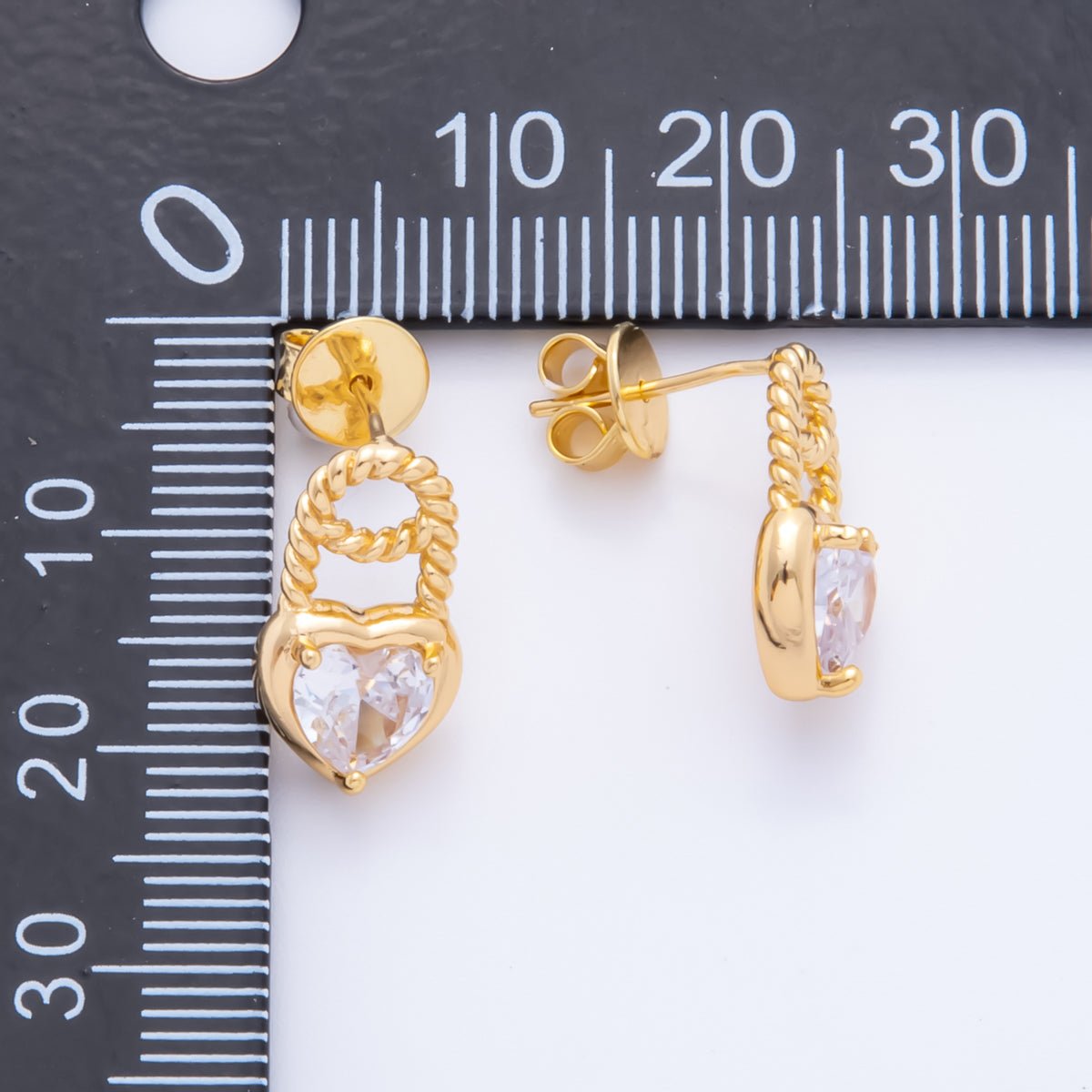 18K Gold Filled Clear Heart CZ Croissant Padlock Drop Studs Earrings | AJ - 180 - DLUXCA