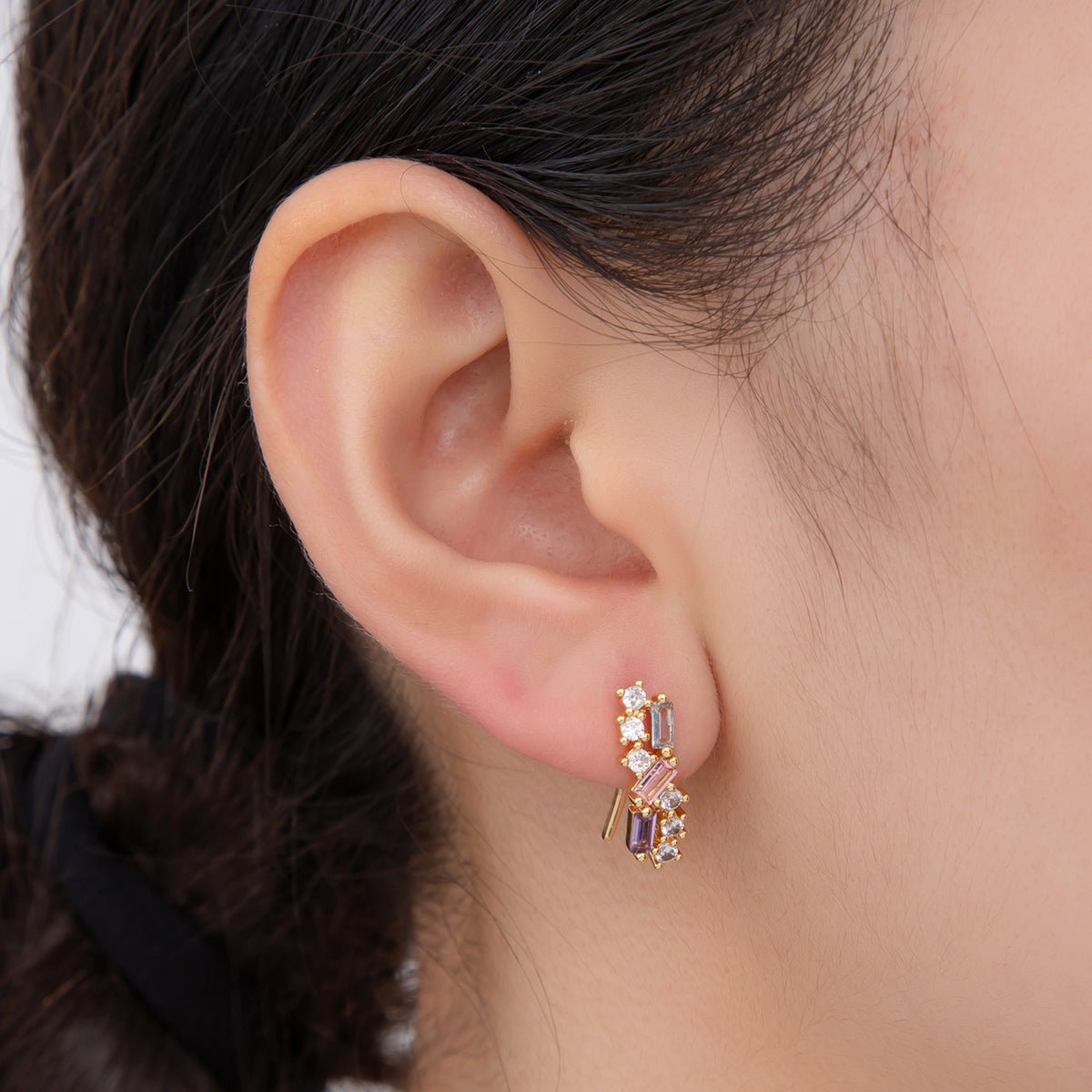 18K Gold Filled Clear & Multicolor Baguette CZ The Trinity Ear Climber Earrings | AI390 AI391 - DLUXCA