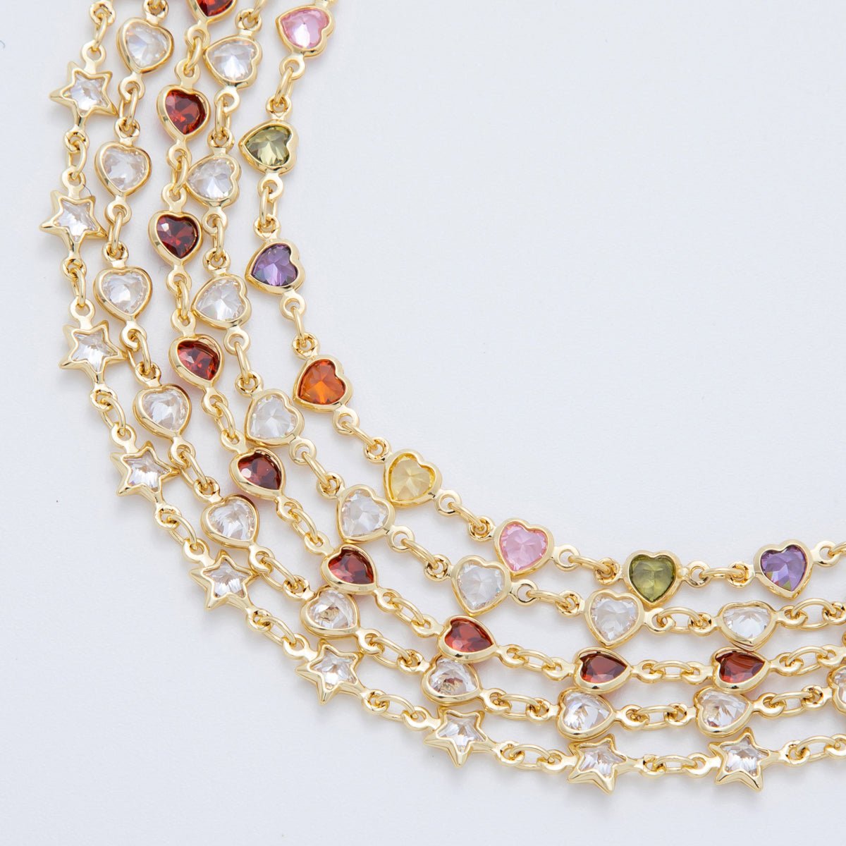 18K Gold Filled Clear, Multicolor, Red CZ Heart Star Sideway Straight 6.9 Inch Bracelet | WA - 3781 - WA - 3782 - DLUXCA
