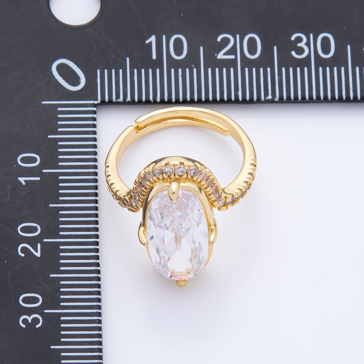 18K Gold Filled Clear Oval Micro Paved CZ Solitaire Band Adjustable Ring | O006 - DLUXCA
