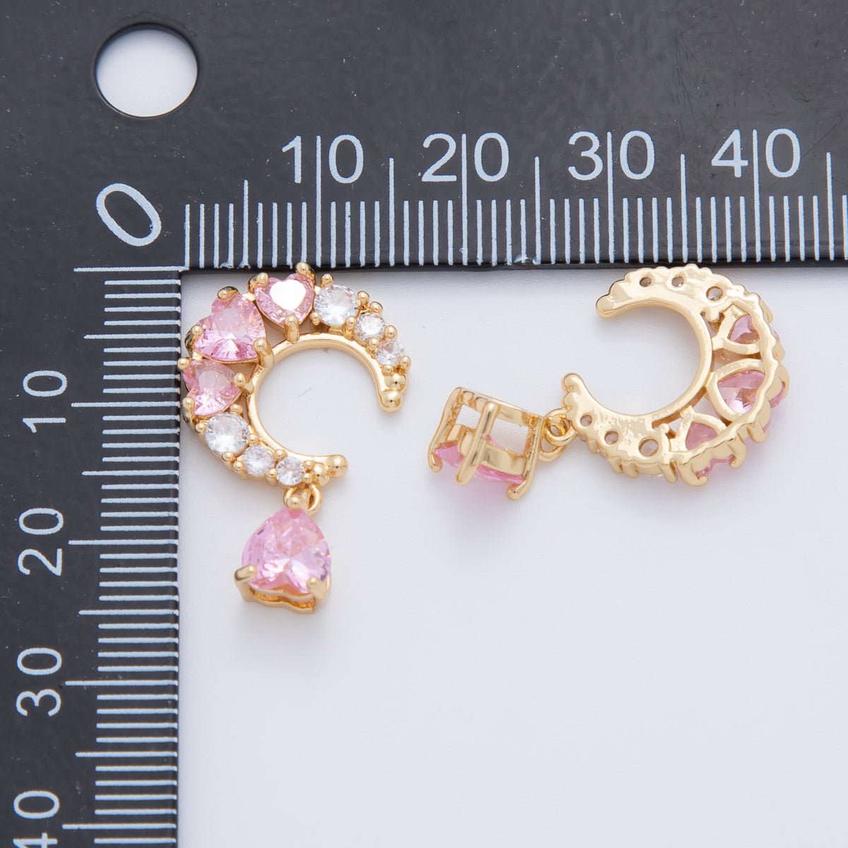 18K Gold Filled Clear Pink CZ Heart Crescent Charm | AF411 - DLUXCA