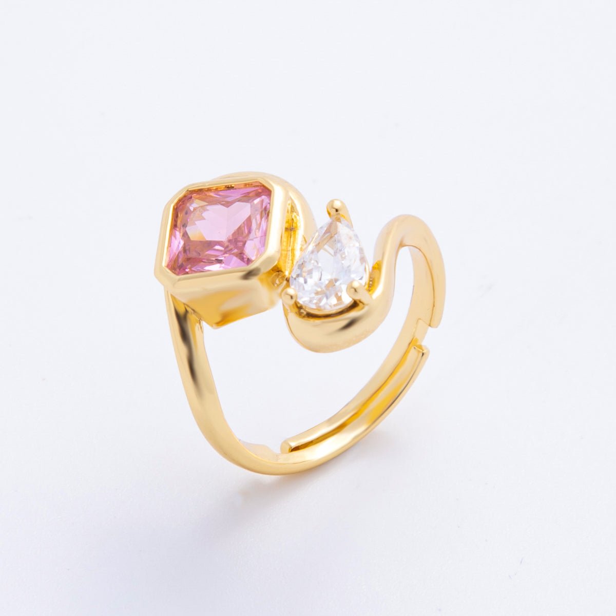 18K Gold Filled Clear, Pink CZ Square Teardrop Curved Adjustable Ring | O238 - DLUXCA