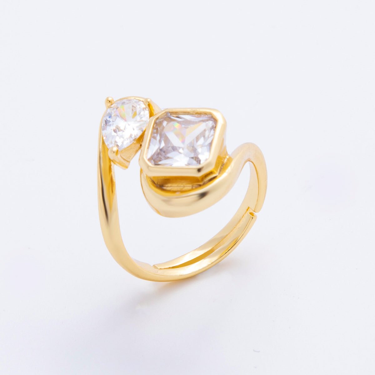 18K Gold Filled Clear, Pink CZ Square Teardrop Curved Adjustable Ring | O238 - DLUXCA