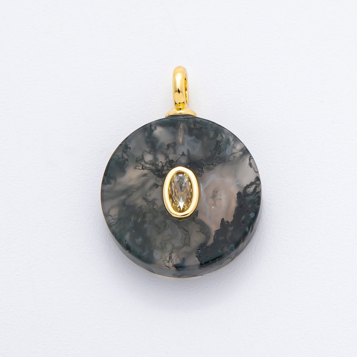 18K Gold Filled Clear, Pink, Red - Orange, Yellow CZ Moss Agate Round Pendant | N968 N966 - DLUXCA