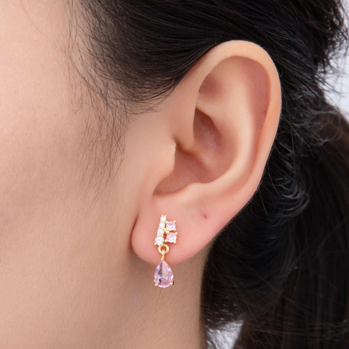 18K Gold Filled Clear Pink Teardrop Micro Paved CZ Cluster Drop Stud Earrings | AJ218 - DLUXCA