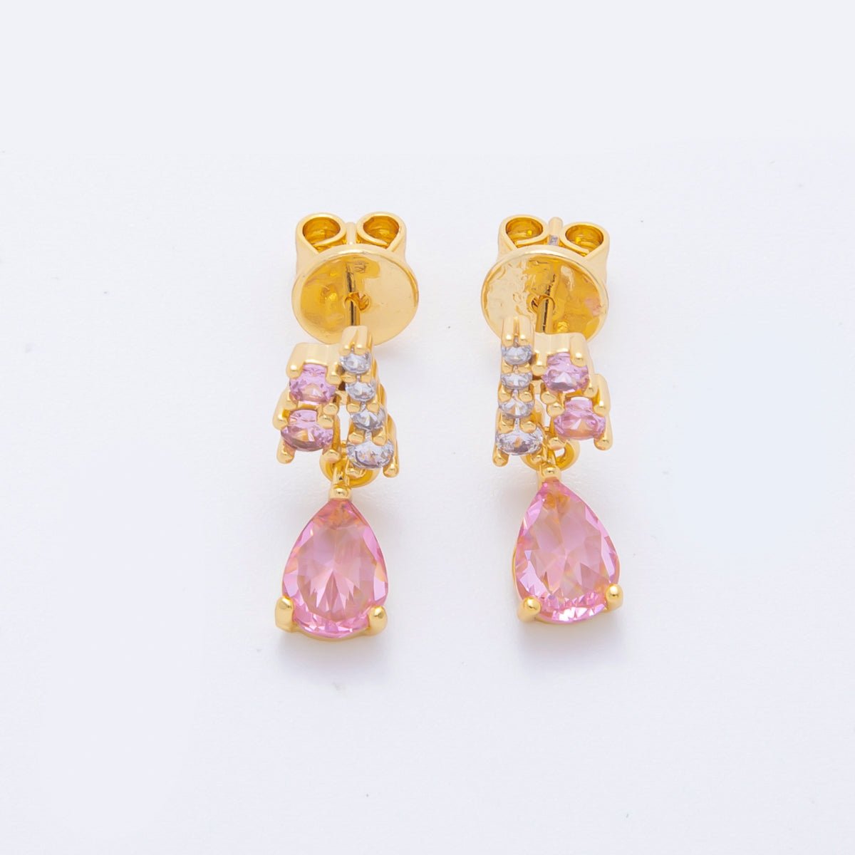 18K Gold Filled Clear Pink Teardrop Micro Paved CZ Cluster Drop Stud Earrings | AJ218 - DLUXCA
