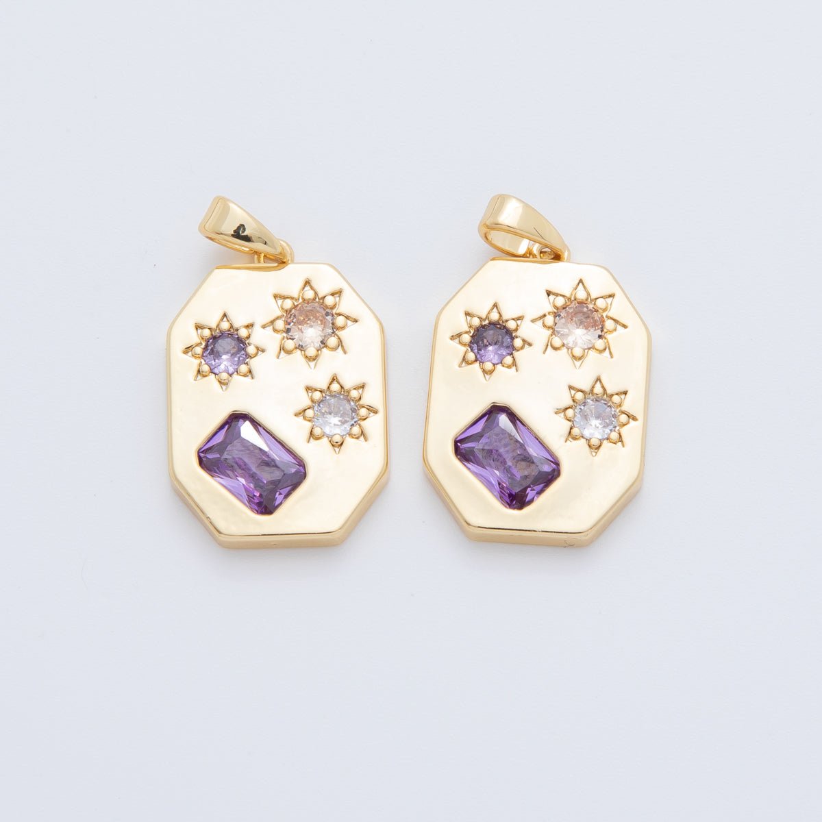 18K Gold Filled Clear Purple Baguette CZ Celestial Sun Rectangular Pendant | AH772 - DLUXCA