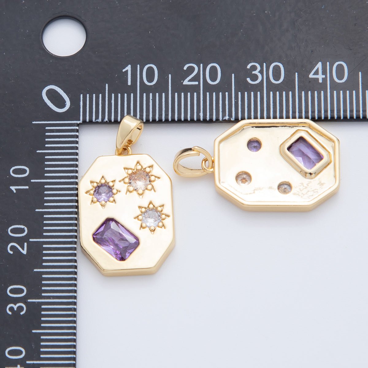 18K Gold Filled Clear Purple Baguette CZ Celestial Sun Rectangular Pendant | AH772 - DLUXCA