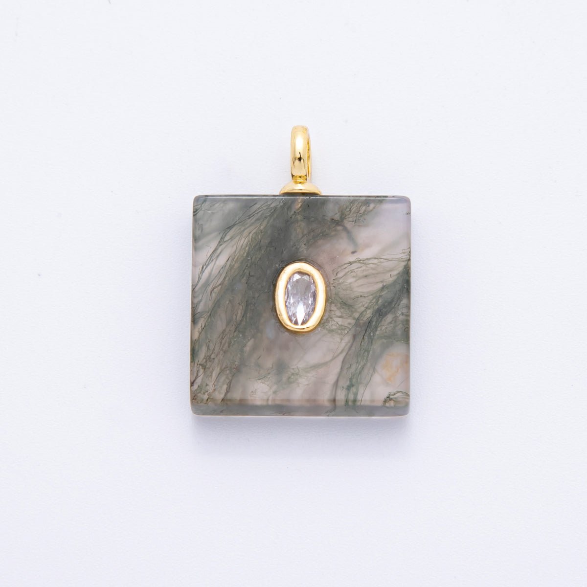 18K Gold Filled Clear, Red, Pink CZ Moss Agate Gemstone Square Pendant | N880 N917 - DLUXCA