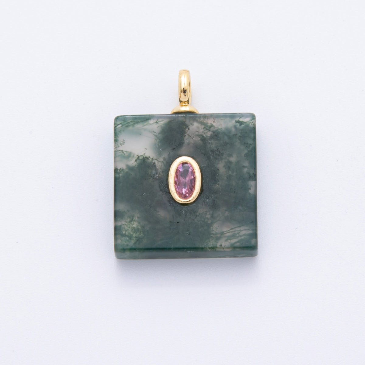 18K Gold Filled Clear, Red, Pink CZ Moss Agate Gemstone Square Pendant | N880 N917 - DLUXCA