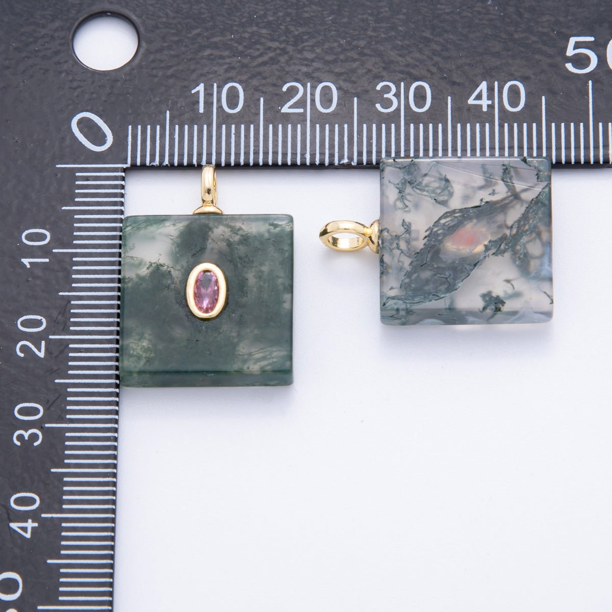 18K Gold Filled Clear, Red, Pink CZ Moss Agate Gemstone Square Pendant | N880 N917 - DLUXCA