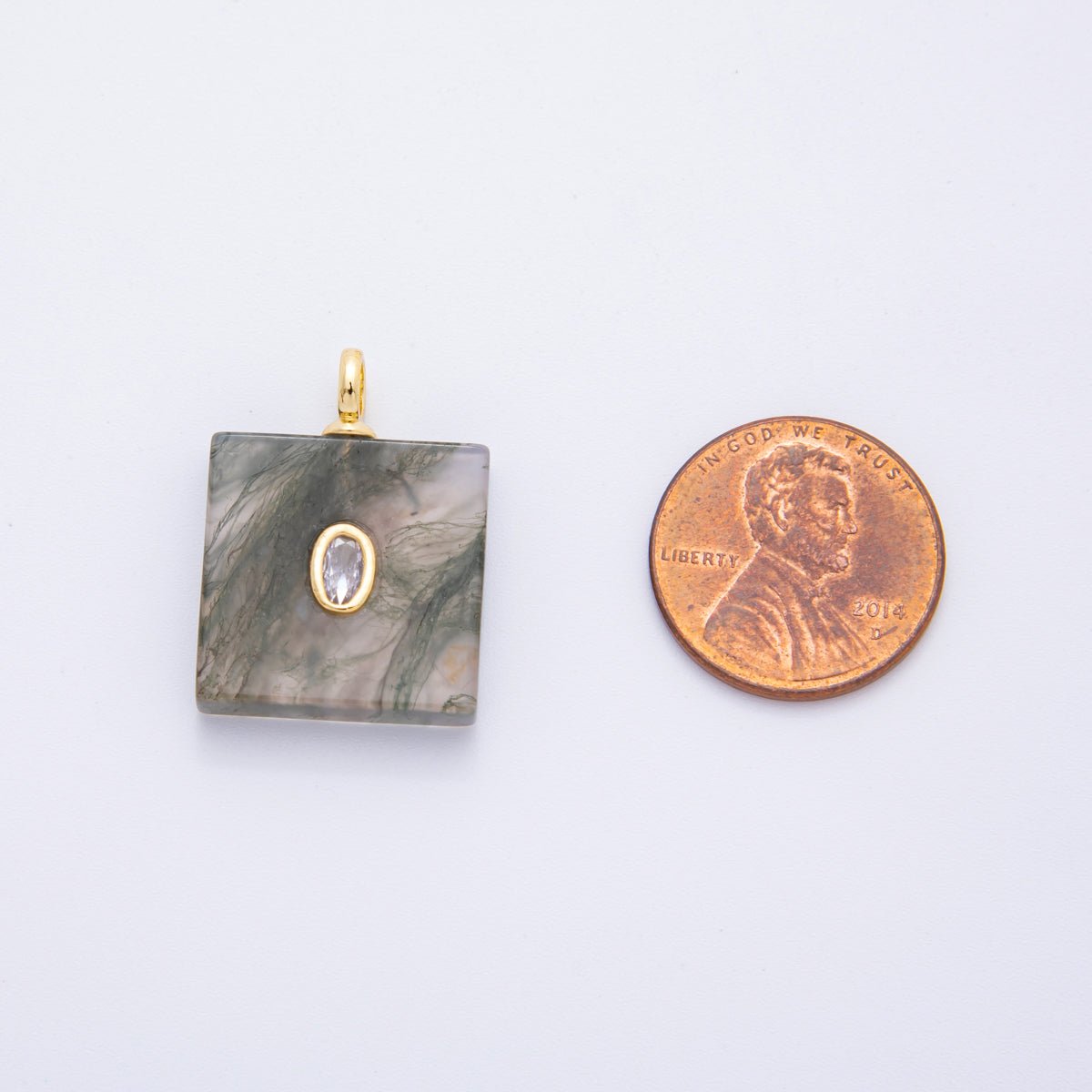 18K Gold Filled Clear, Red, Pink CZ Moss Agate Gemstone Square Pendant | N880 N917 - DLUXCA