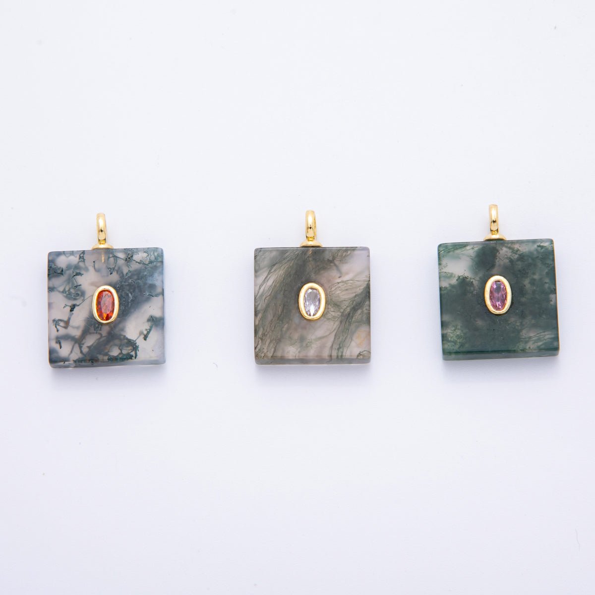 18K Gold Filled Clear, Red, Pink CZ Moss Agate Gemstone Square Pendant | N880 N917 - DLUXCA
