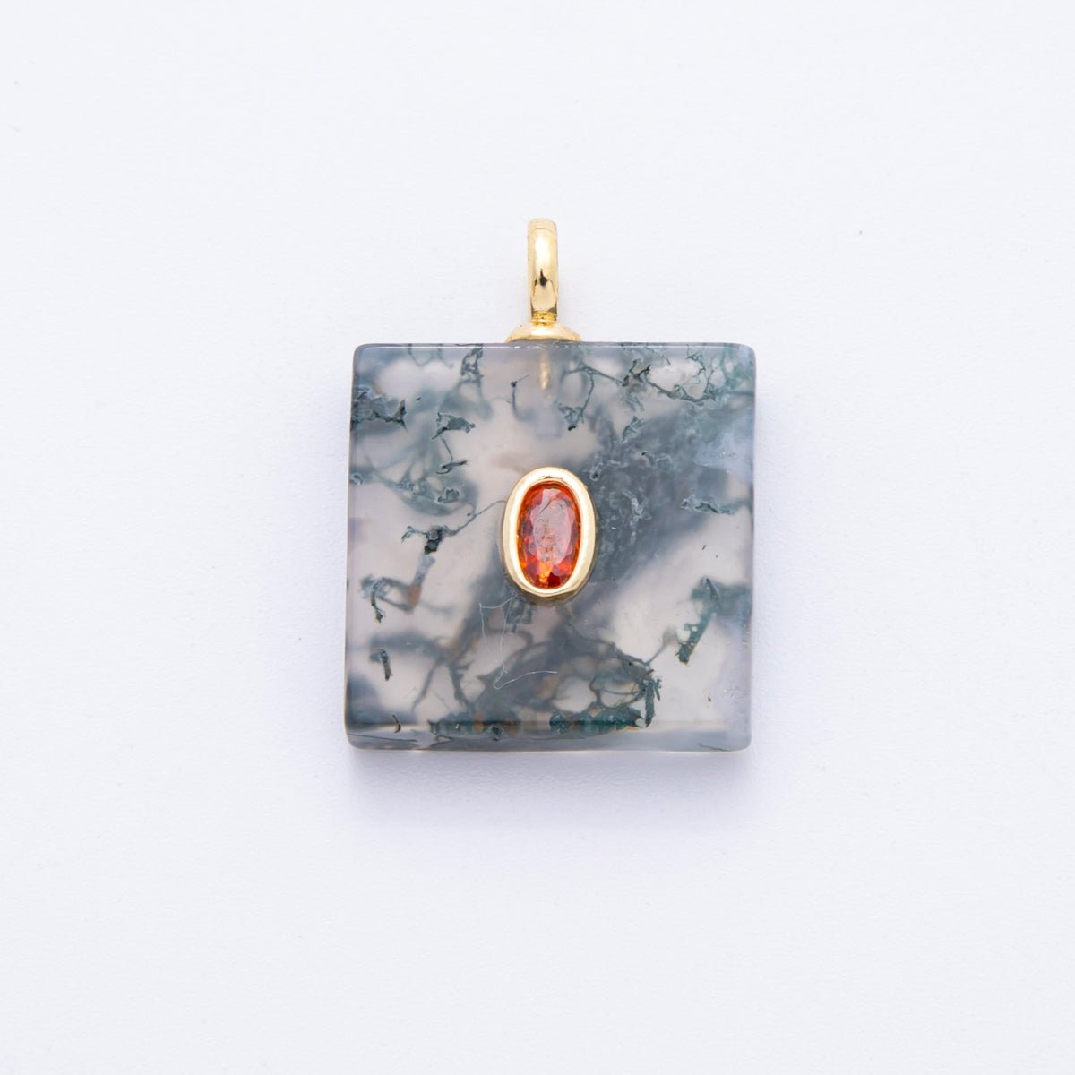 18K Gold Filled Clear, Red, Pink CZ Moss Agate Gemstone Square Pendant | N880 N917 - DLUXCA