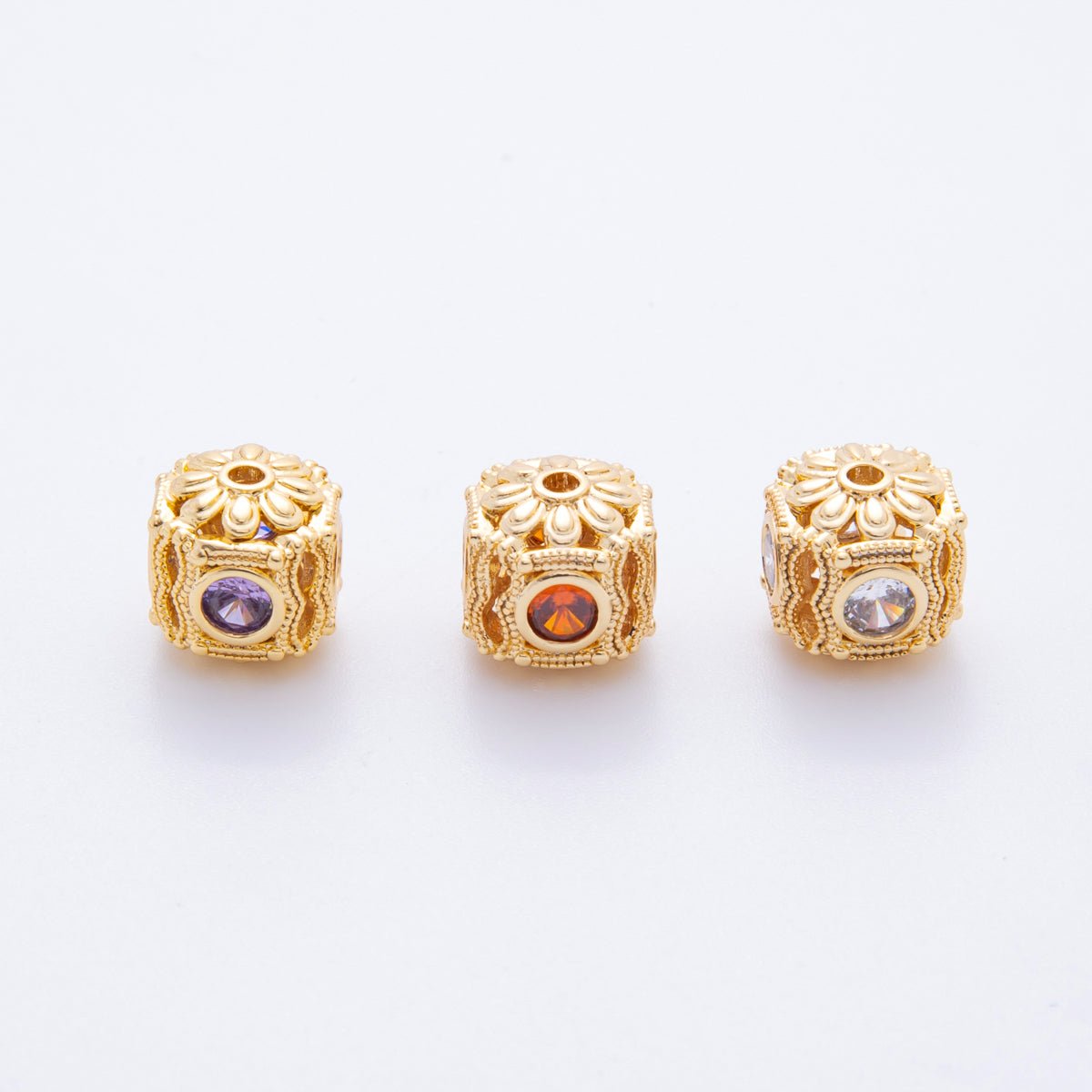 18K Gold Filled Clear, Red, Purple CZ Dotted Flower Bead Spacer | AF1052 AF1053 - DLUXCA