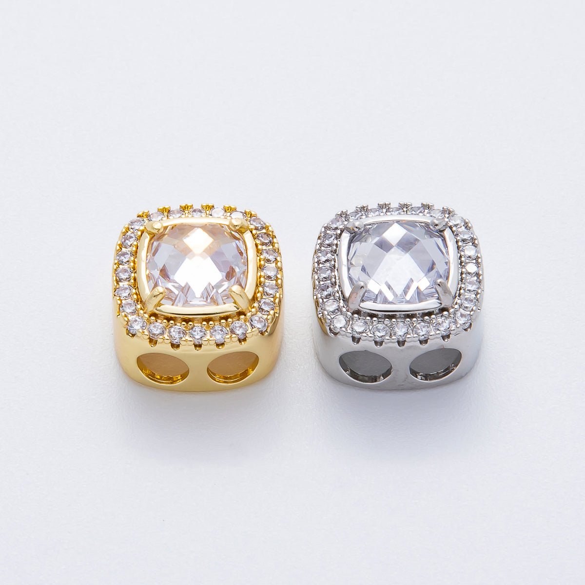 18K Gold Filled Clear Square Micro Paved CZ 2 - Holes Slider Spacer Bead in Gold & Silver | B107 - DLUXCA