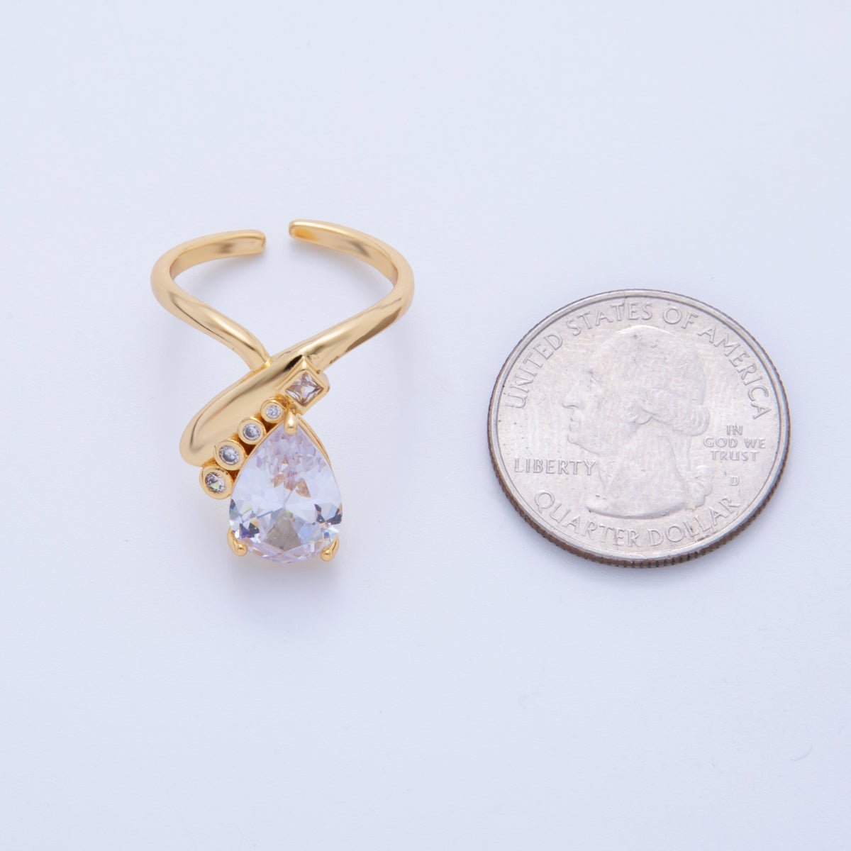 18K Gold Filled Clear Teardrop CZ Curve Solitaire Ring | O1757 - DLUXCA
