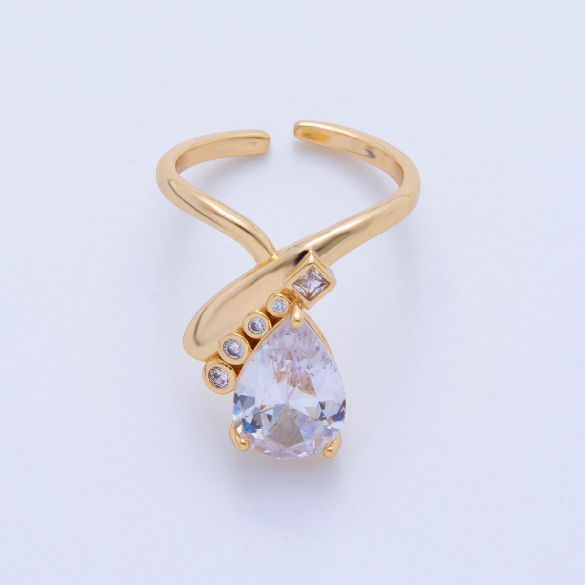 18K Gold Filled Clear Teardrop CZ Curve Solitaire Ring | O1757 - DLUXCA