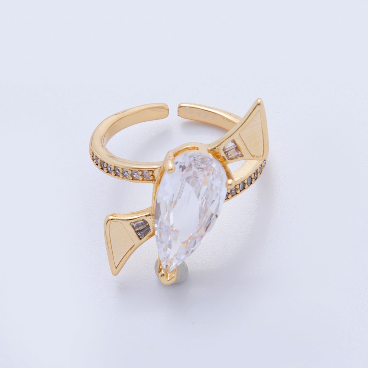 18K Gold Filled Clear Teardrop Micro Paved CZ Geometric Curve Ring | O1756 - DLUXCA