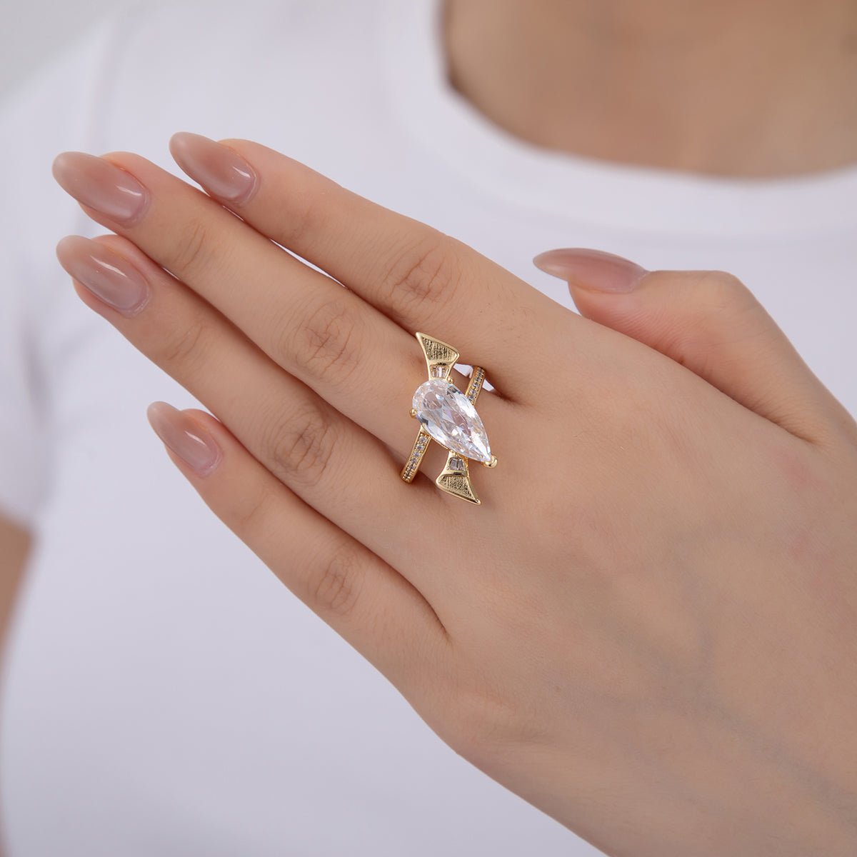 18K Gold Filled Clear Teardrop Micro Paved CZ Geometric Curve Ring | O1756 - DLUXCA