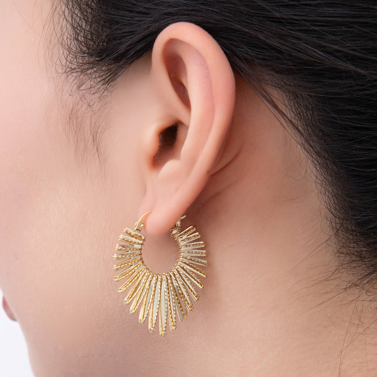 18K Gold Filled Croissant Sunburst Latch Hoop Earrings in Gold & Silver | AJ - 211 AJ - 212 - DLUXCA