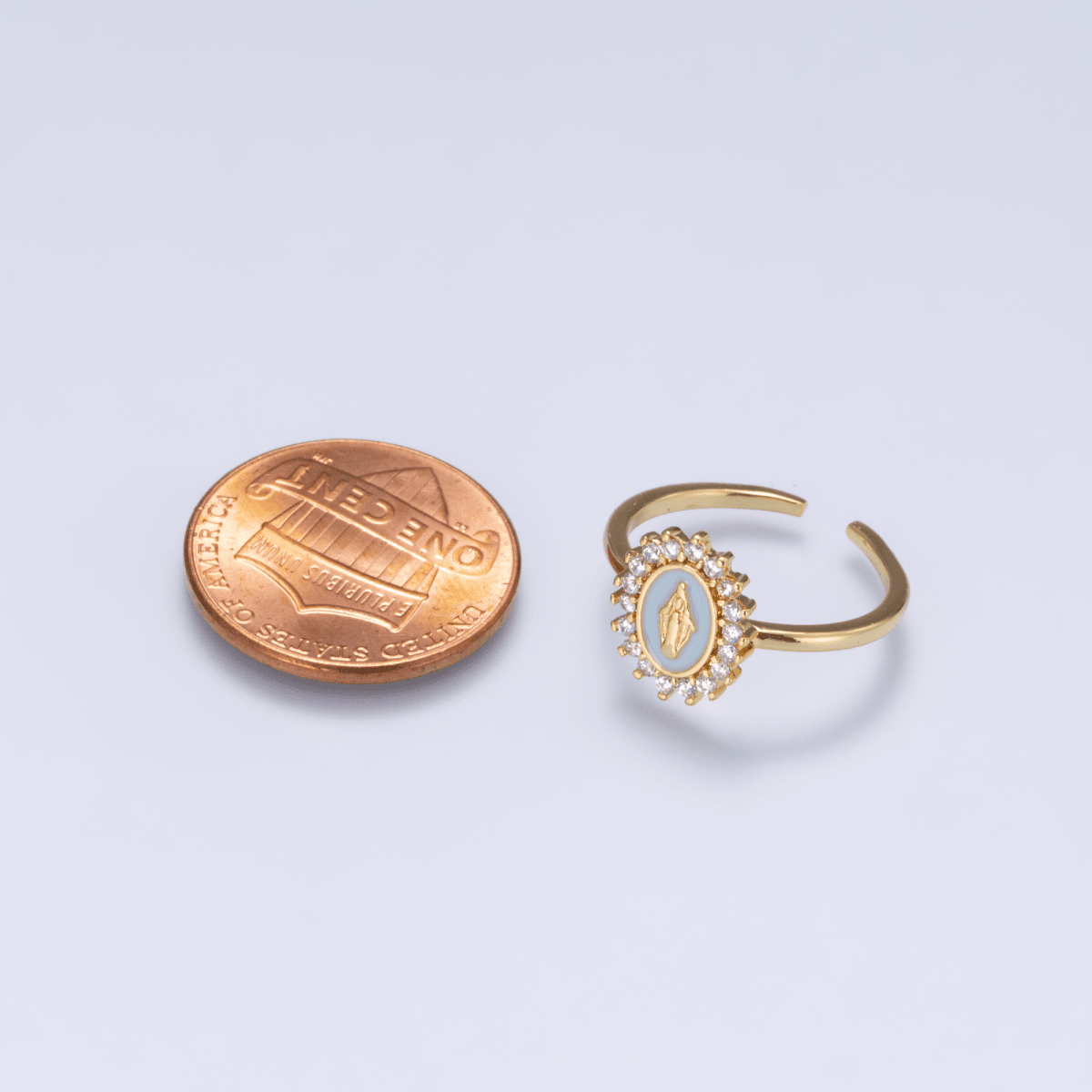 18K Gold Filled CZ Blue Enamel Mother Mary Oval Ring | Rings-00269 - DLUXCA
