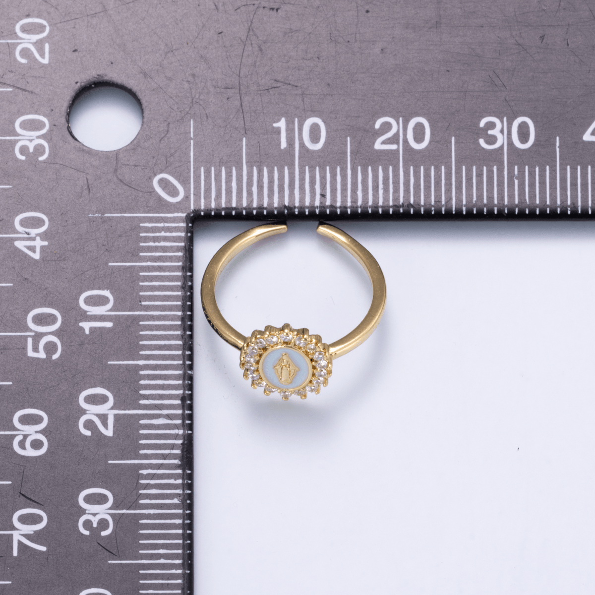 18K Gold Filled CZ Blue Enamel Mother Mary Oval Ring | Rings-00269 - DLUXCA