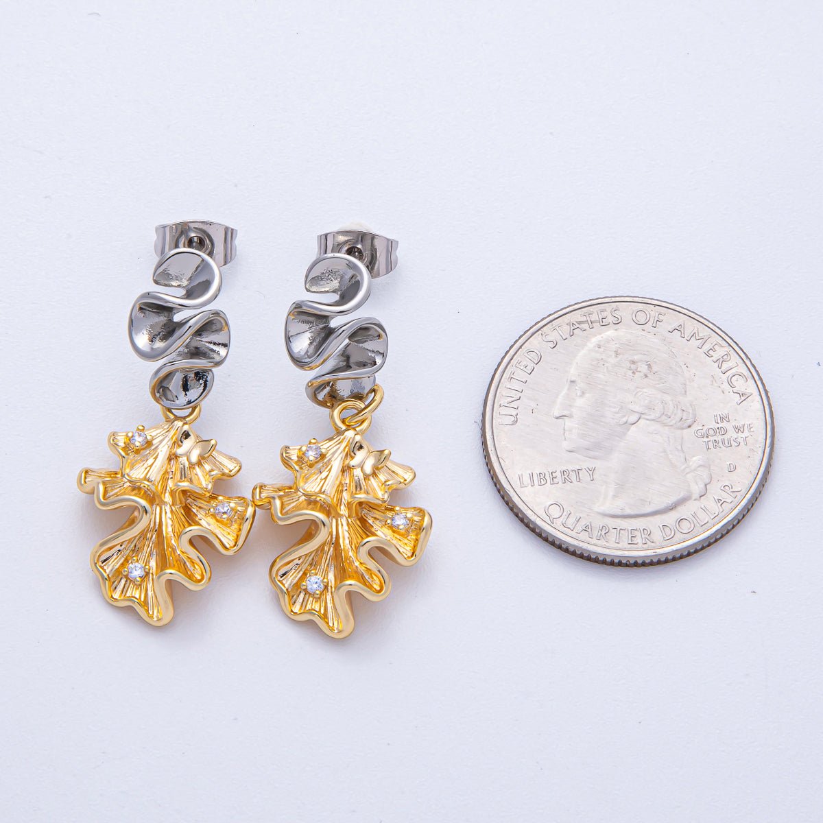 18K Gold Filled CZ Geometric Foil Mixed Metal Drop Stud Earrings | AD1674 AD1675 - DLUXCA