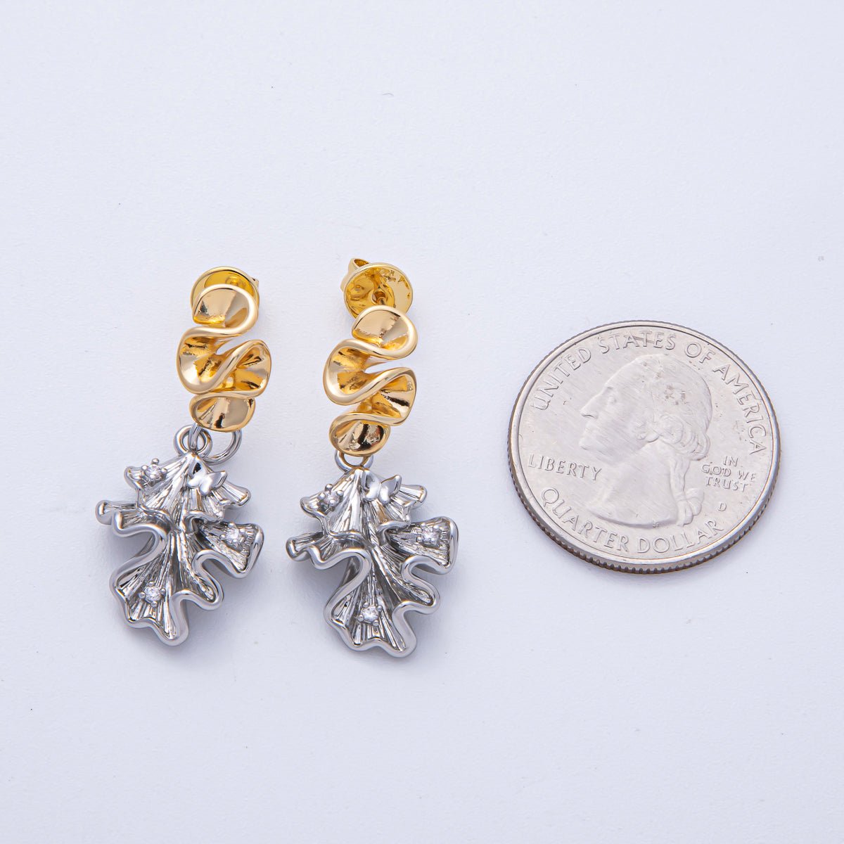 18K Gold Filled CZ Geometric Foil Mixed Metal Drop Stud Earrings | AD1674 AD1675 - DLUXCA