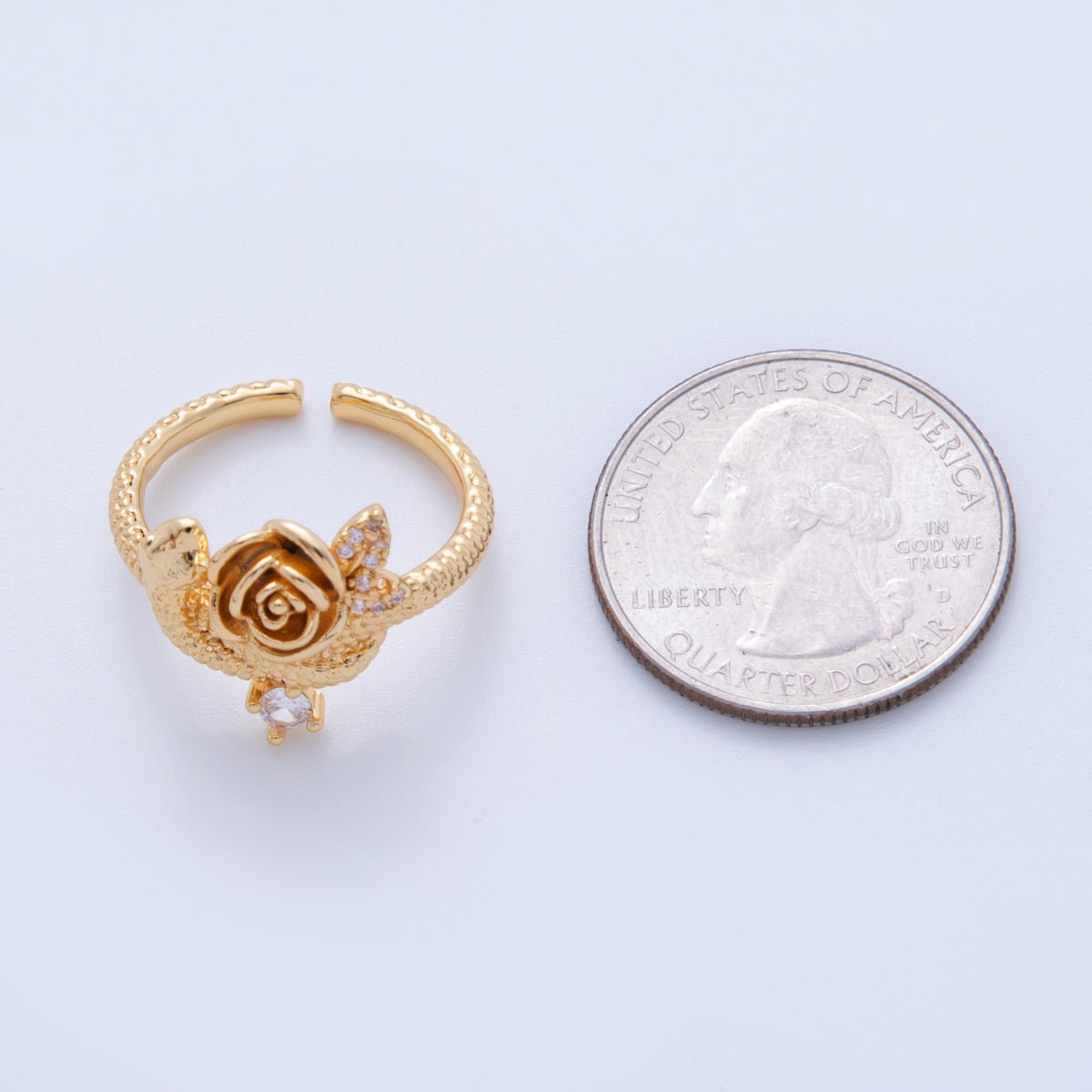18K Gold Filled CZ Rose Flower Hammered Textured Ring | O2023 - DLUXCA