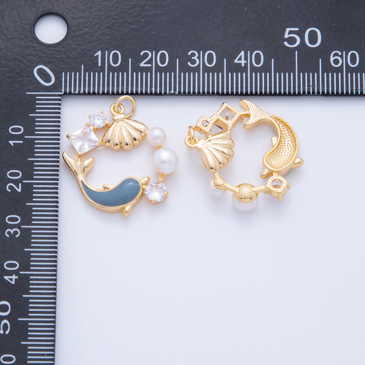 18K Gold Filled CZ Shell Pearl Dolphin Fish Open Round Charm | AF385 - DLUXCA