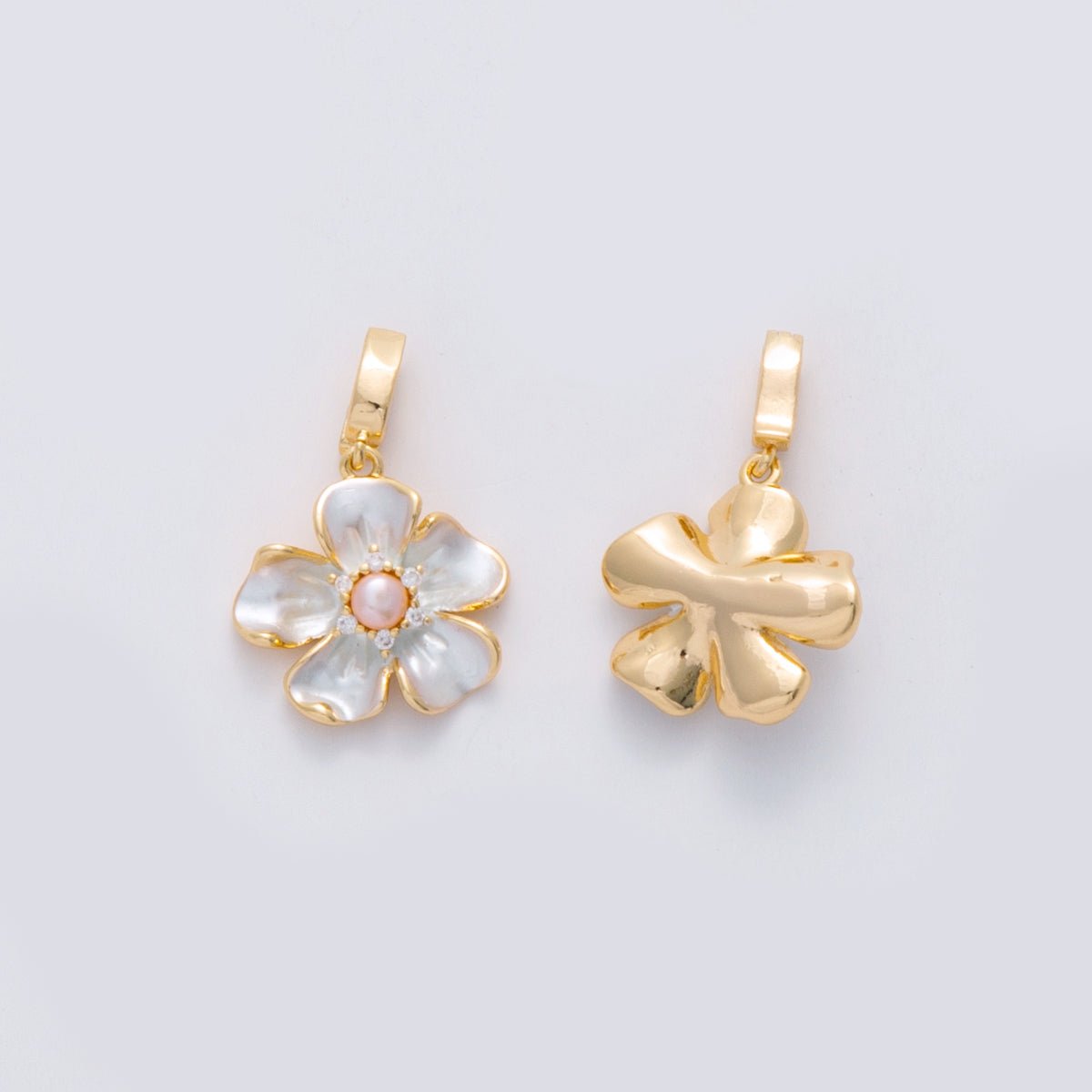 18K Gold Filled CZ Shell Pearl Foil Flower Pendant | AH692 - DLUXCA