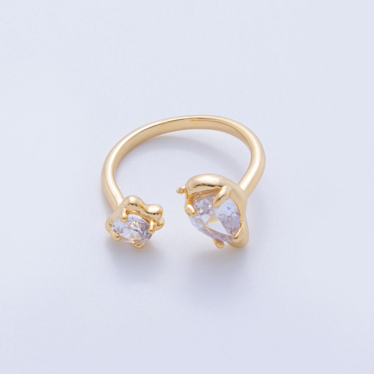 18K Gold Filled Double Clear Teardrop Round CZ Molten Claw Wrap Ring | O1754 - DLUXCA