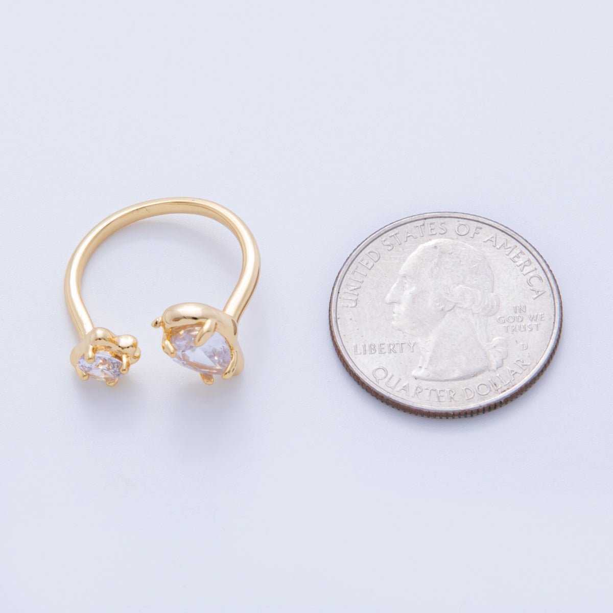 18K Gold Filled Double Clear Teardrop Round CZ Molten Claw Wrap Ring | O1754 - DLUXCA