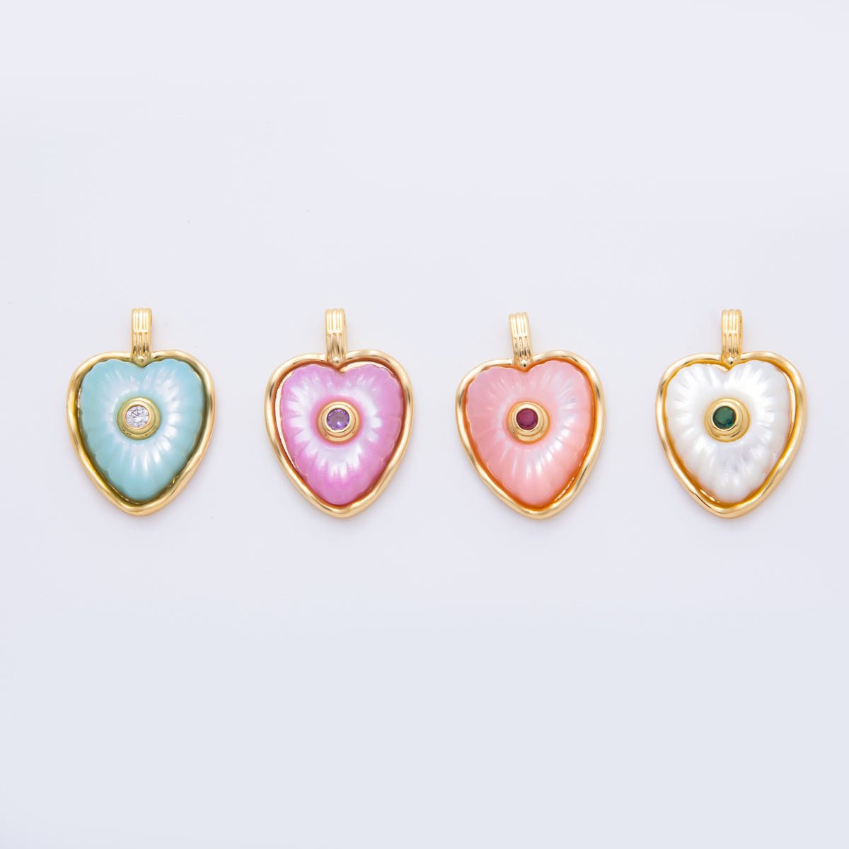 18K Gold Filled Enamel 22.5mm Shell Pearl Round CZ Sunburst Heart Charm | AH897 - AH899 - DLUXCA