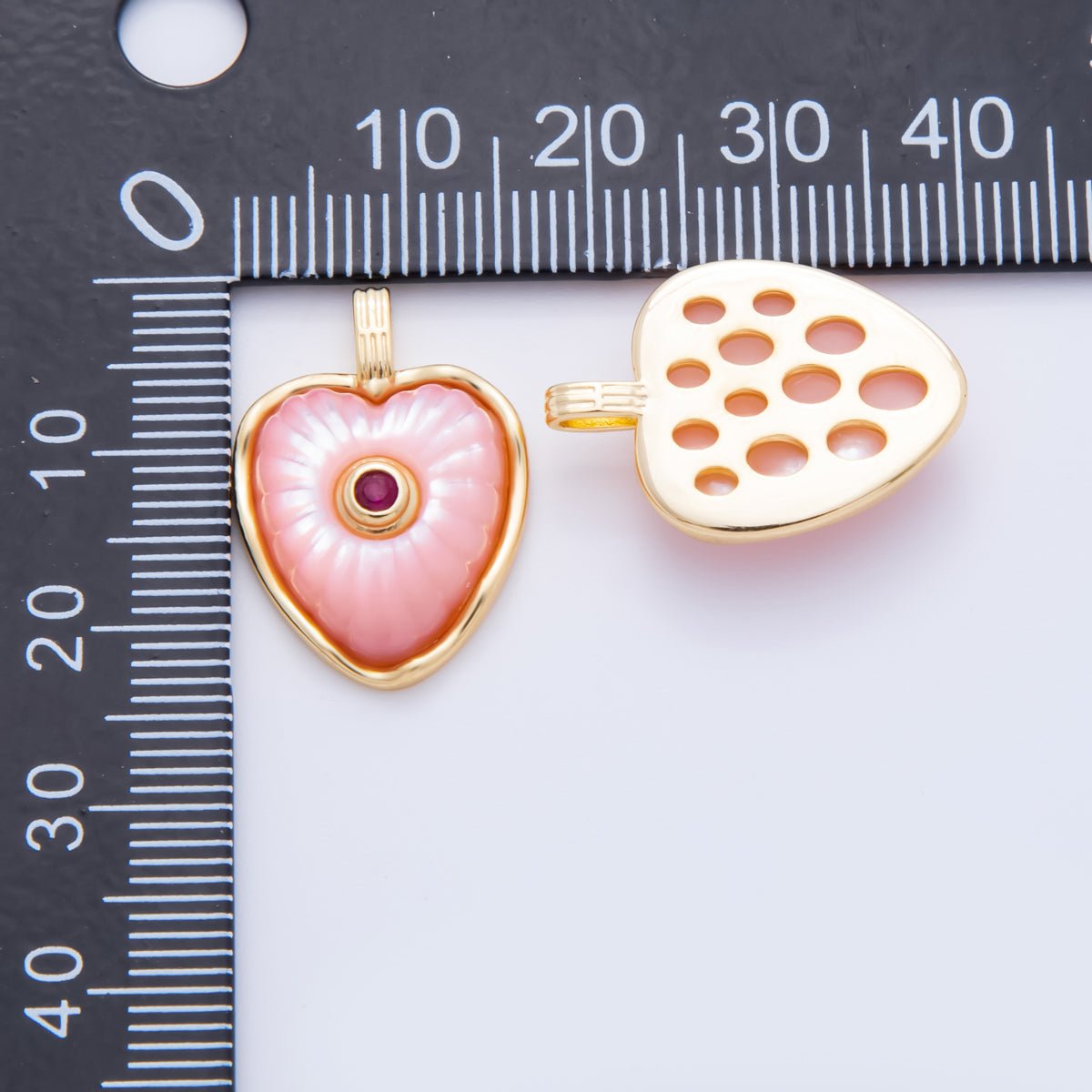 18K Gold Filled Enamel 22.5mm Shell Pearl Round CZ Sunburst Heart Charm | AH897 - AH899 - DLUXCA