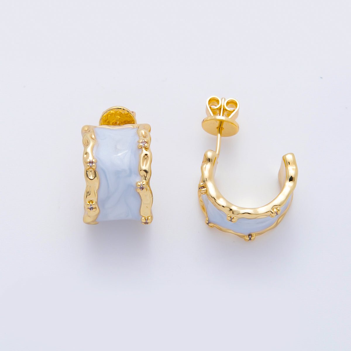 18K Gold Filled Enamel Geometric Curve C - Hoops Earrings in White, Blue, & Pink | AJ198 - AJ200 - DLUXCA