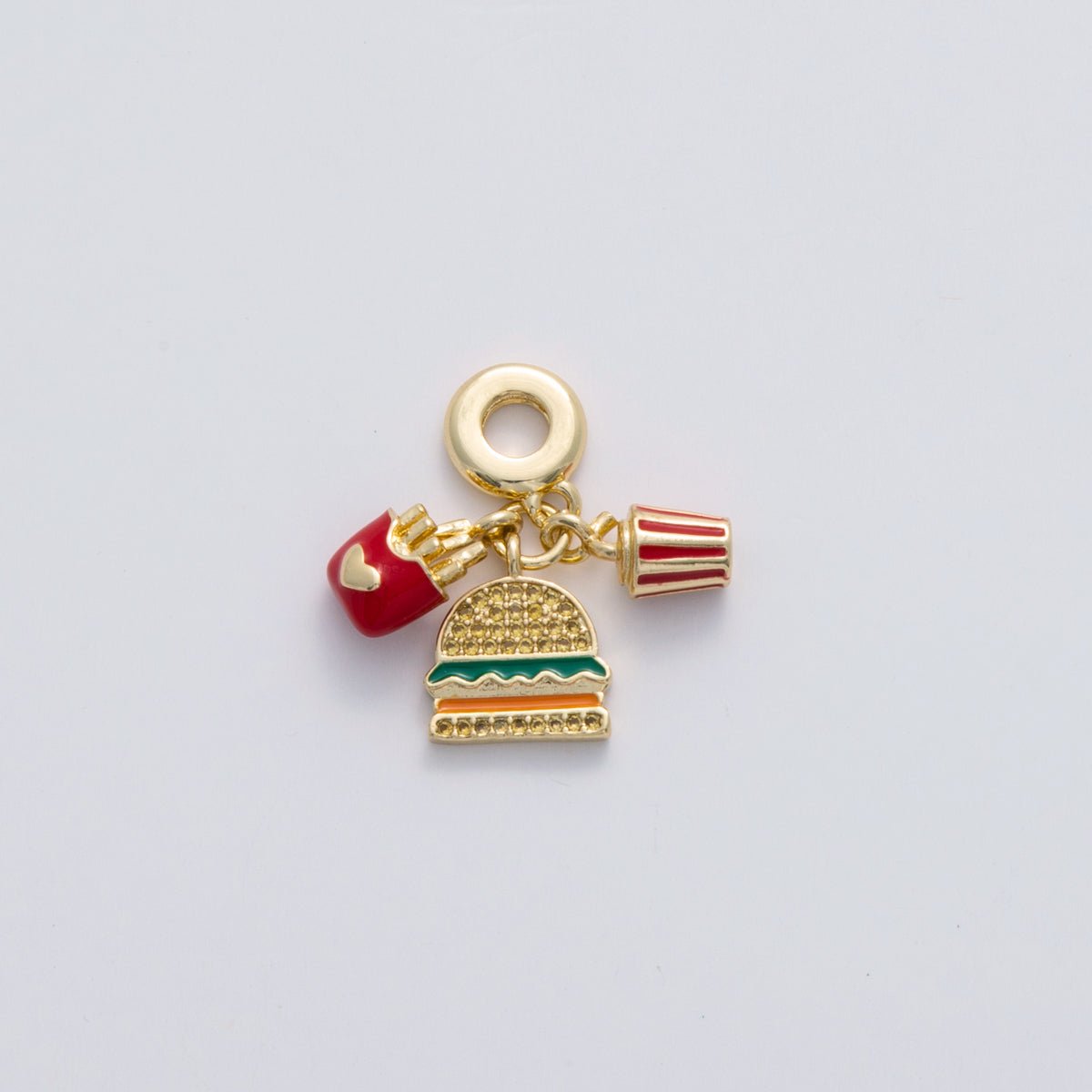 18K Gold Filled Fast Food Hamburger Fries Soda Micro Paved CZ Rhondelle Drop Pendant | C182 - DLUXCA