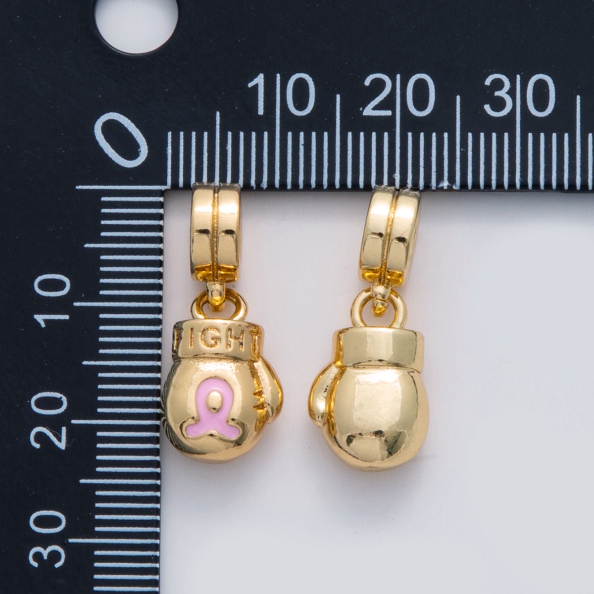 18K Gold Filled "FIGHT" Cancer Ribbon Boxing Glove Rhondelle Drop Pendant | C105 - DLUXCA
